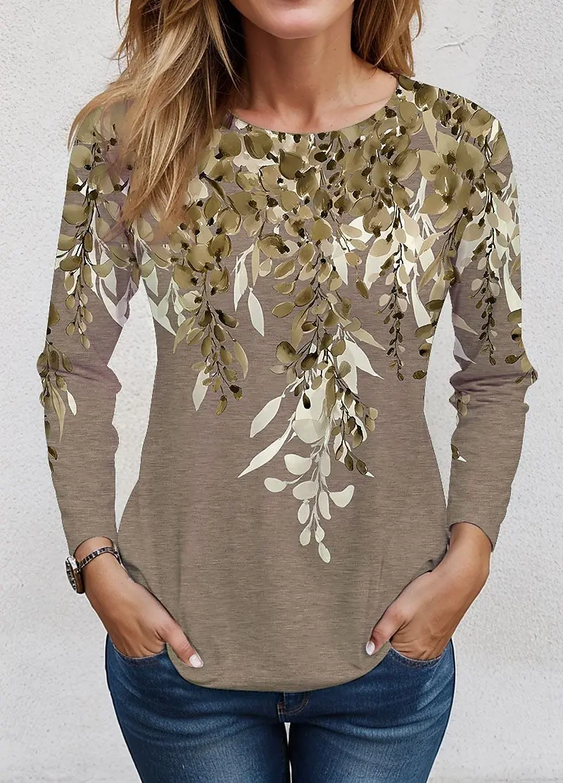 Manga longa padrão floral feminino camisetas casuais primavera outono 3d flor impressão estilo retro feminino camiseta 3xl plus size o-pescoço topos