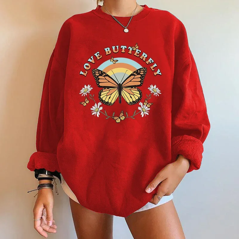 New Women's Off-the-shoulder Hoodie European Size Love Butterfly Printed Crew-neck Hoodie Sweatshirt  Streetwear Women