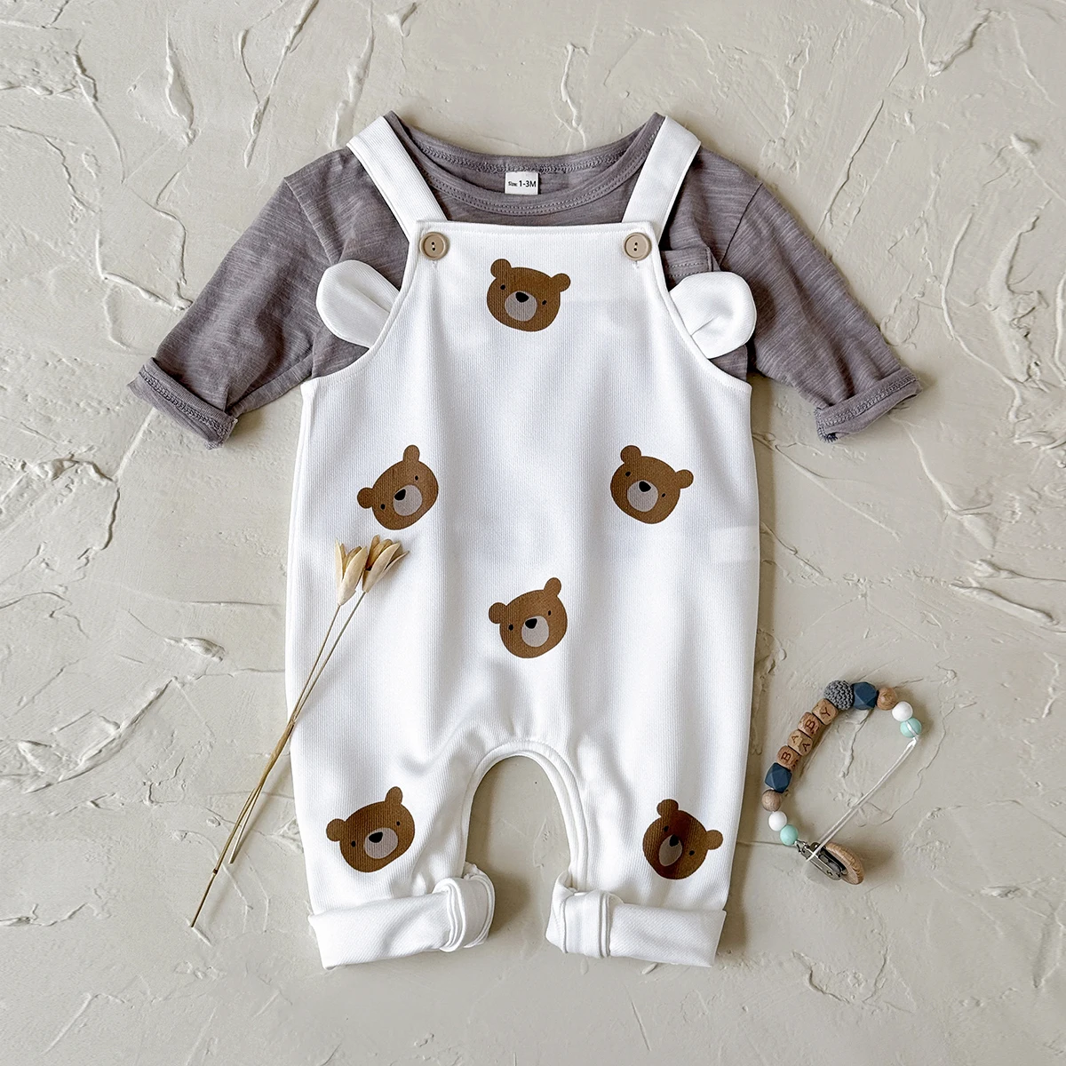 

Autumn New Newborn Baby Toddler Children Solid Color Cute Little Bear Print Jumpsuit Overalls Strap Pants Boys Girls Unisex