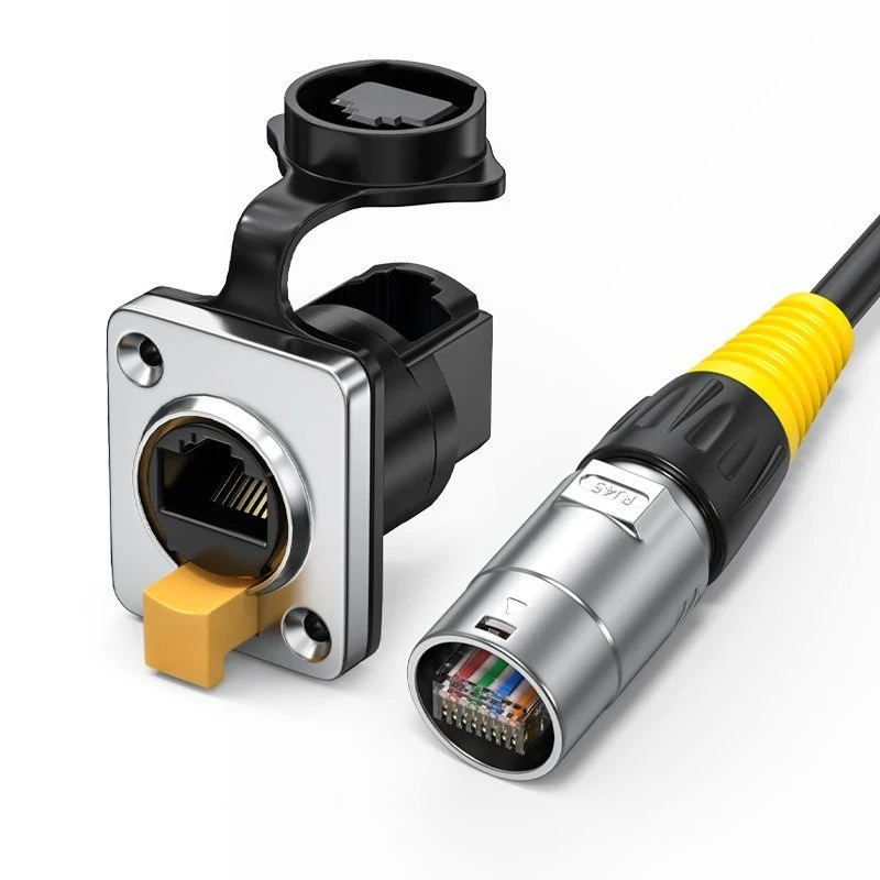 Waterproof Cat6A RJ45 Female Pass-Through Module, 90° Right Angle Square Panel Socket for Cabinet