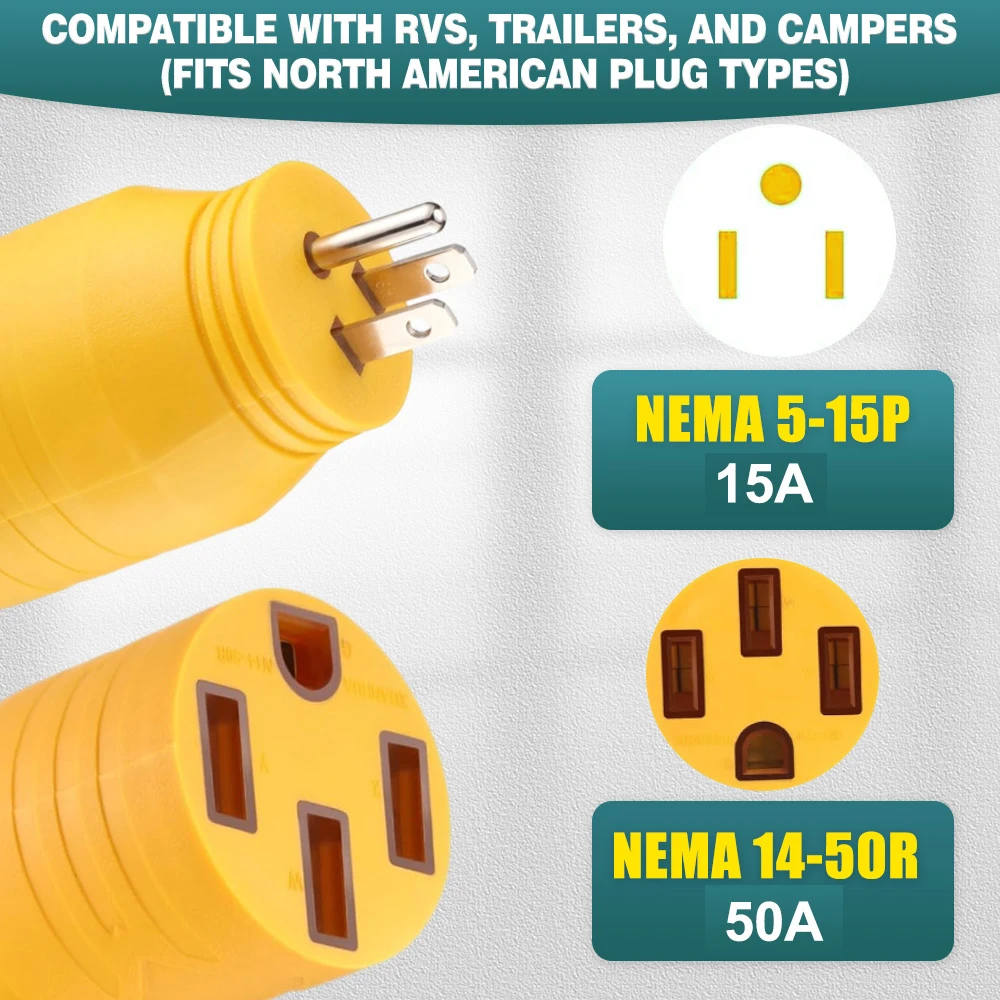 Yellow US Plug Type Only Shore Power Generator Adapter For NEMA 5-15P Male to 14-50R Female For RVs Trailers Campers Generators