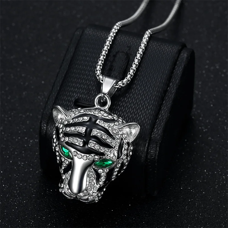 Exquisite Gold Plated Stainless Steel Tiger Head Pendant Necklace Full Zircon For Men Domineering Animal Jewelry Gift