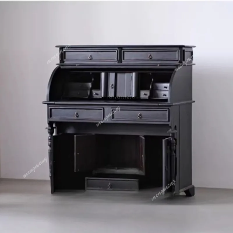 French solid wood retro small apartment bedroom dresser black with drawers model room engraving desk