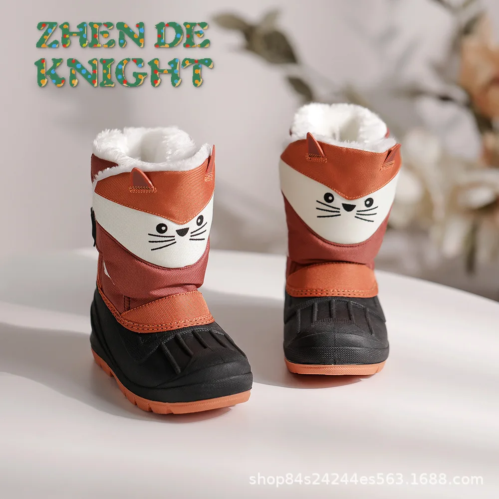 

Детские зимние ботинки с милым рисунком лисы, зима 2021, теплая непромокаемая нескользящая детская хлопковая обувь на флисовой подкладке