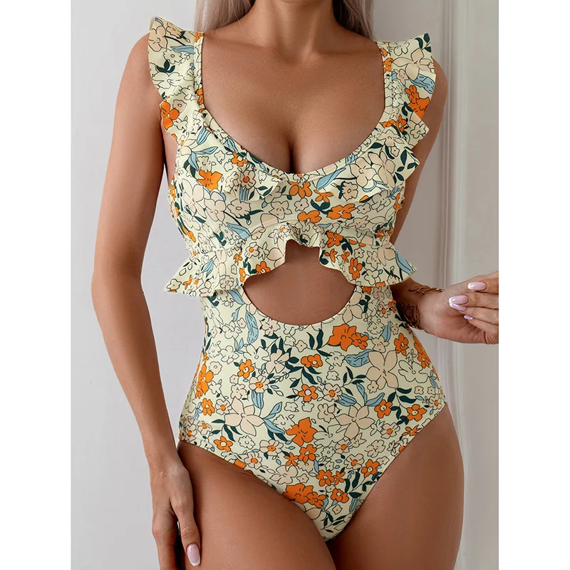 New Floral Print One Piece Swimsuit Women Ruffles Hollow Out Slim Tummy Control Swimwear Beach Bathing Suit Monokini Beachwear