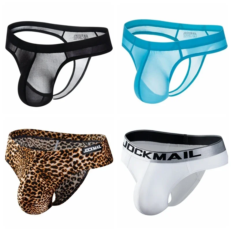 Jockmail G-string Panties Ice Silk Gay Mens Underwear Bikini Briefs Sexy Panties Leopard Underpants Thong T Back Pantys Lingerie