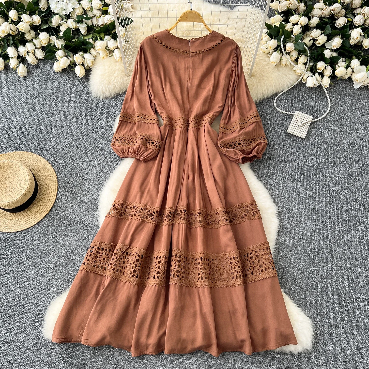 Chic Korean Hollow Out Lace Spliced Sexy V-neck Long Lantern Sleeve Slim Dress Vintage Women High Street Autumn Winter Clothing