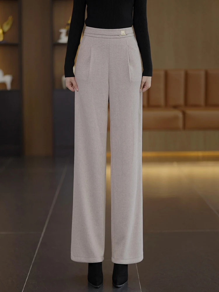 

Шерстяные брюки с высокой талией и широкими штанинами для женщин, осенне-зимние, свободного кроя, визуально стройнящие, повседневные, в корейском стиле, для офиса и города