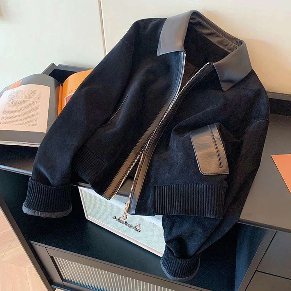 المرأة الرجعية سترة سوداء ربيع الخريف مجموعة جديدة الجلد المدبوغ الربط بولي Leather الجلود بدوره إلى أسفل طوق فضفاض سستة نمط البنطال القصير