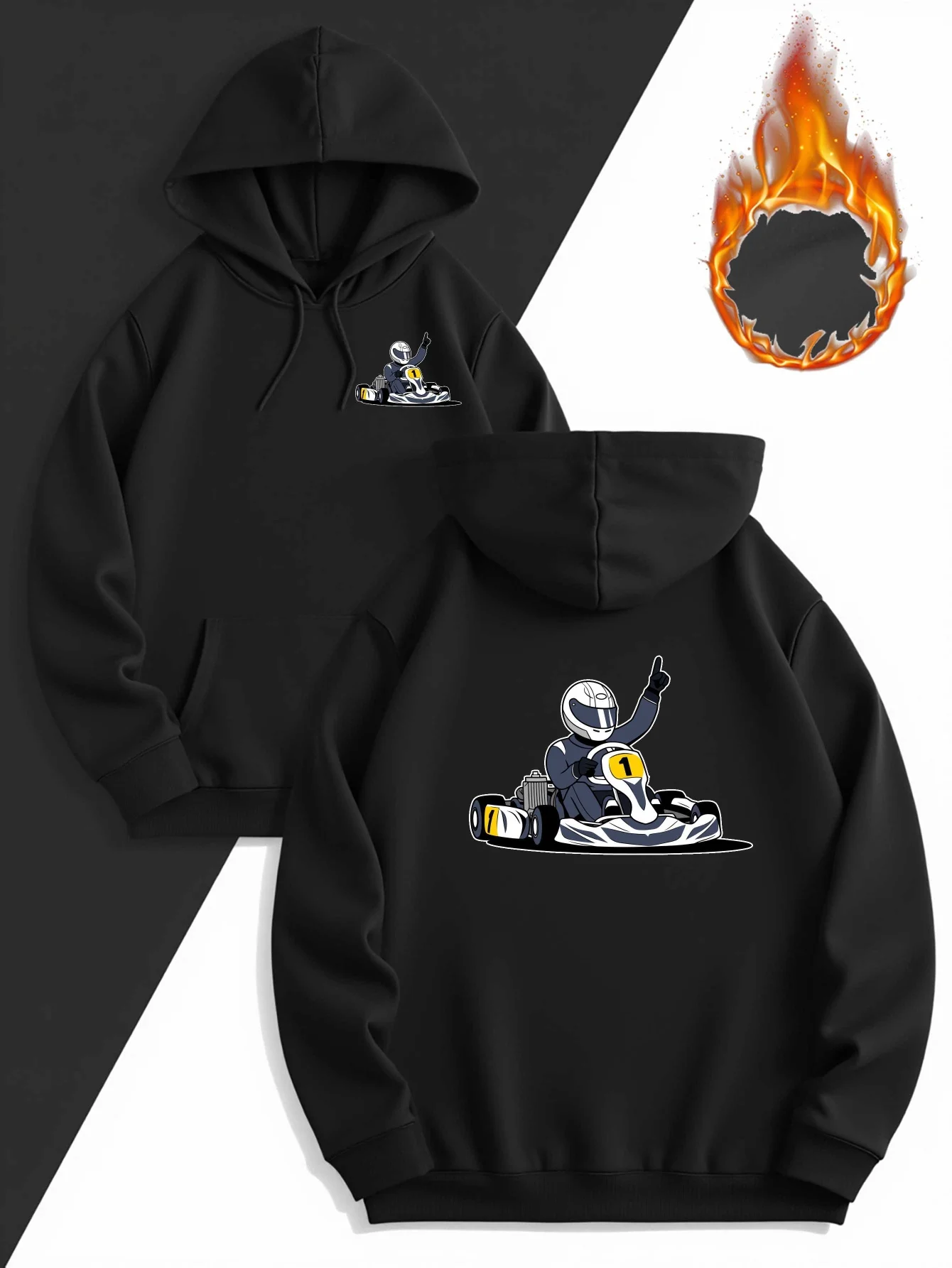 Cartoon Kart Racing Driver Double-Sided Print Hoodie, Men's Loose-Fit Racing Enthusiast Sweatshirt for Autumn and Winter
