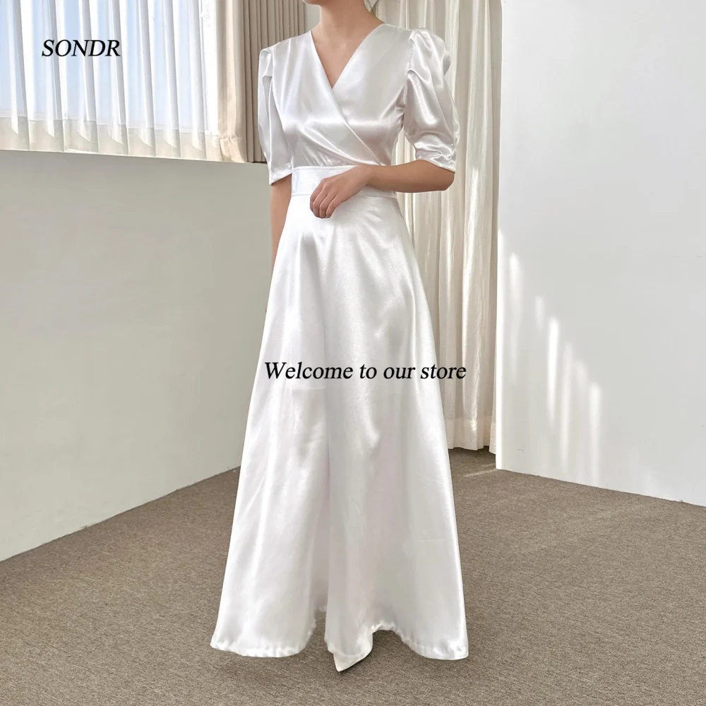 SONDR V-Neck Half Sleeves A-Line Bride Dresses Custom Made Ankle Length Satin Wedding Dress Robe De Mariée Evening Gown Bridal