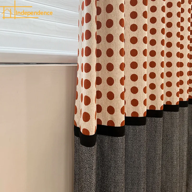 New Customized Red Dot Jacquard Splicing Chenille Blackout Curtains for Living Room Bedroom French Window Finished Products
