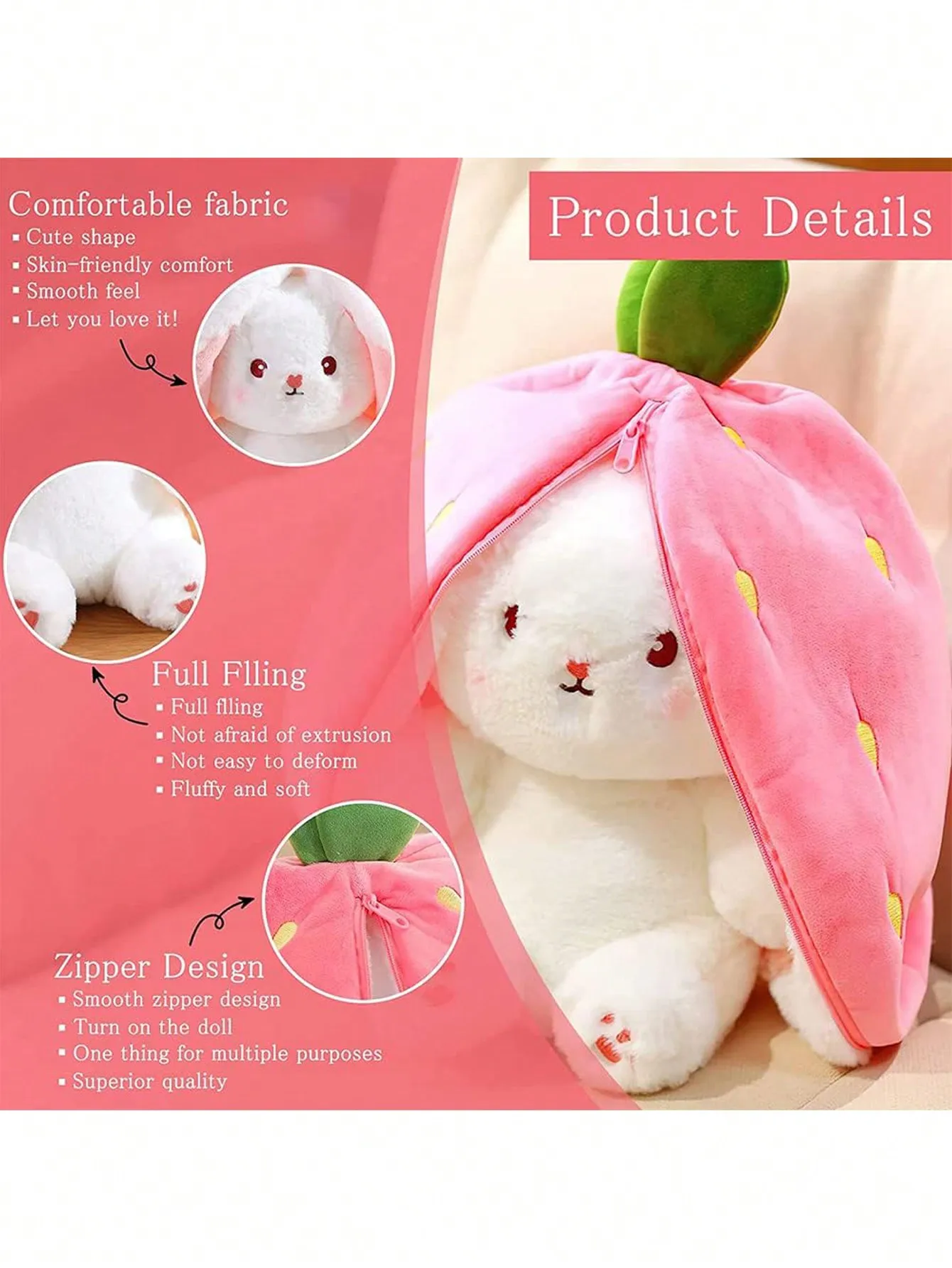 Erdbeer-Kaninchen-Plüschtier, süßes großes Floppy-Ohr-Hasen-Spielzeug, geführte Obst-Tierpuppe, kleine Kaninchen-Stoffpuppen, bequem weich