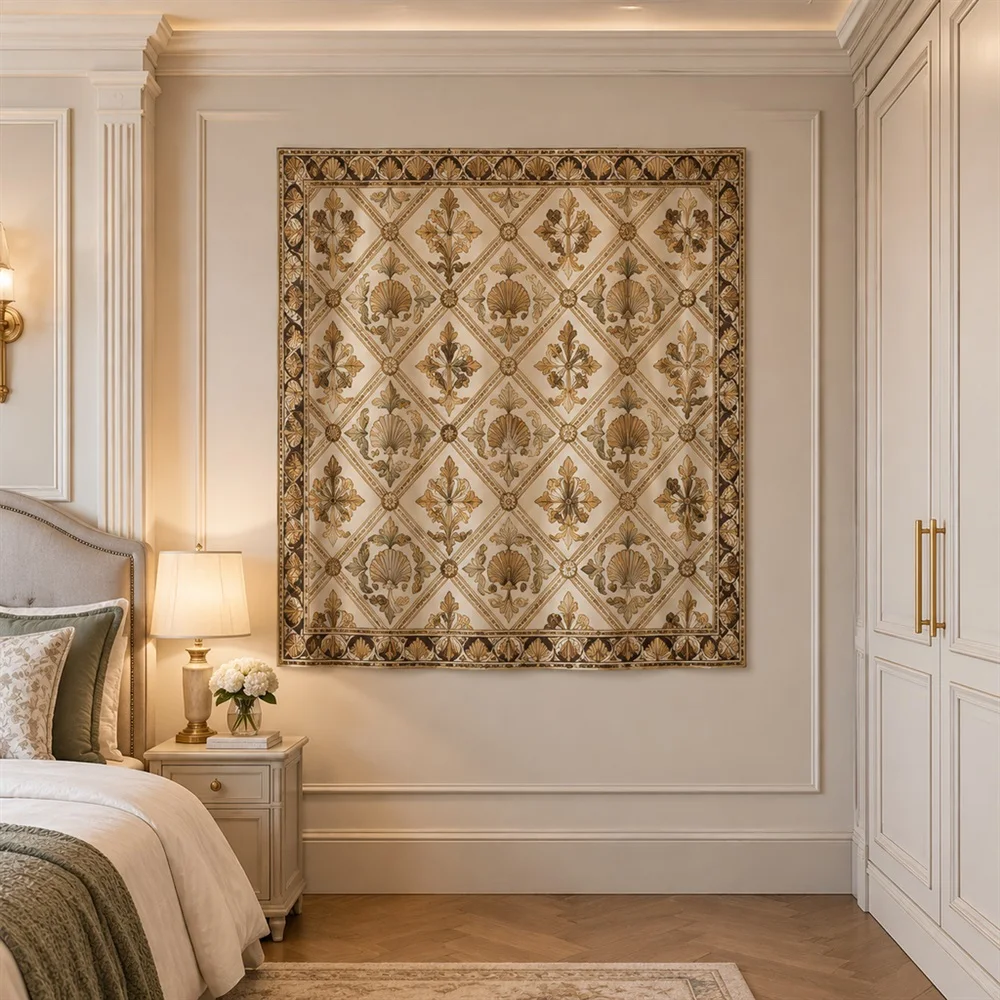 VIKAMA Diamond Trellis Pattern Allover Pattern Tapestry Wall Hanging, Neoclassical Wall Decor Tapestries for Bedroom Living Room