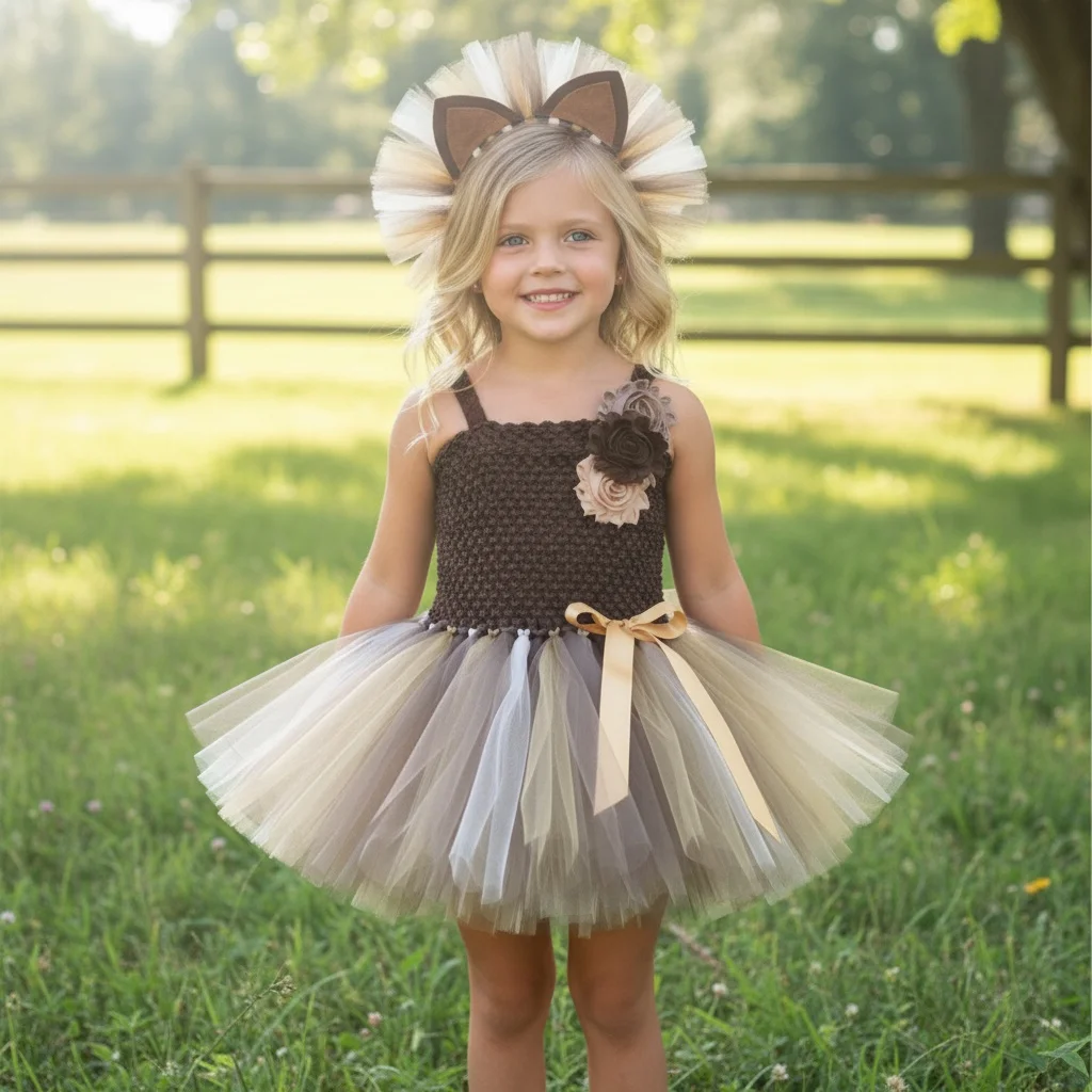 

Коричневый костюм джунглей и льва для маленьких девочек, праздничное нарядное платье-пачка с животными для детей, наряд из тюльев на Хэллоуин и Рождество с волосами Bo