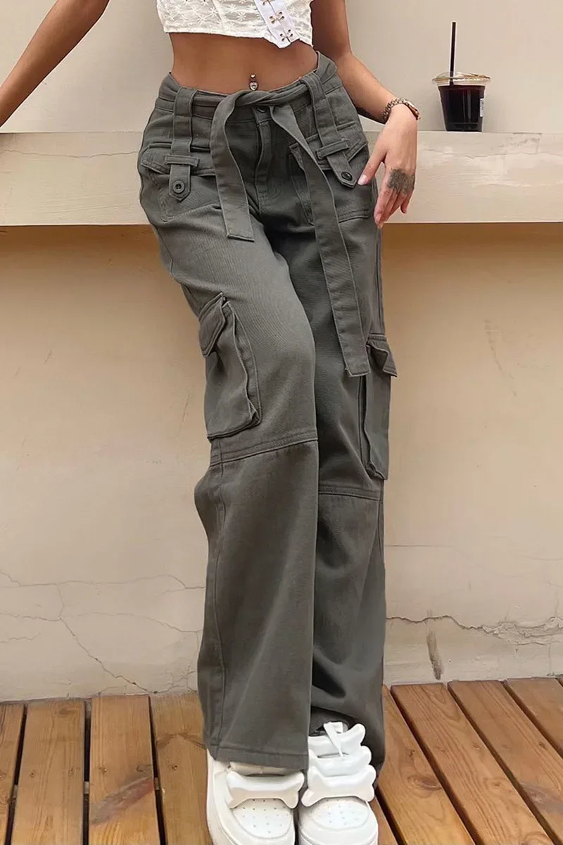 

American Retro Multi-pocket Overalls, Four Seasons New Washed Simple Casual Comfortable Straight Leg Jeans with Belt for Women