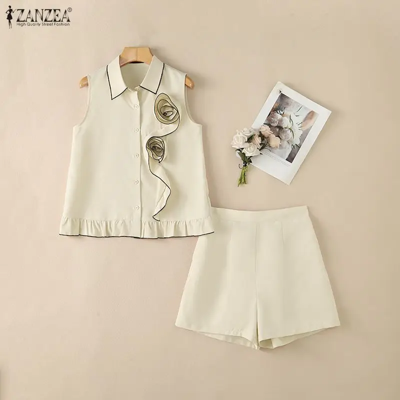 Women 2-Piece Matching Short Sets Fabric Flower Sleeveless Shirts & Elastic Waist Shorts Sets ZANZEA Summer Daily Casual Co-ords