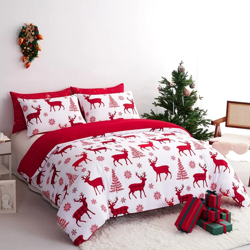 Christmas duvet cover extra large with zipper, snowflake soft printed bedding, 1 duvet cover 2 pillowcases