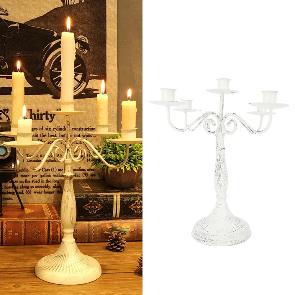 5 Arms Metal Candelabra Cast Iron Round Stable Base Candlestick Holder White Decorative Candle Stand Home Decoration