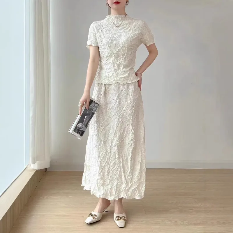 Miyake Pleated Short Sleeve T-Shirt and Skirt Set Two-Piece Fashionable Women's High-End Solid Color Gradient Stylish Versatile