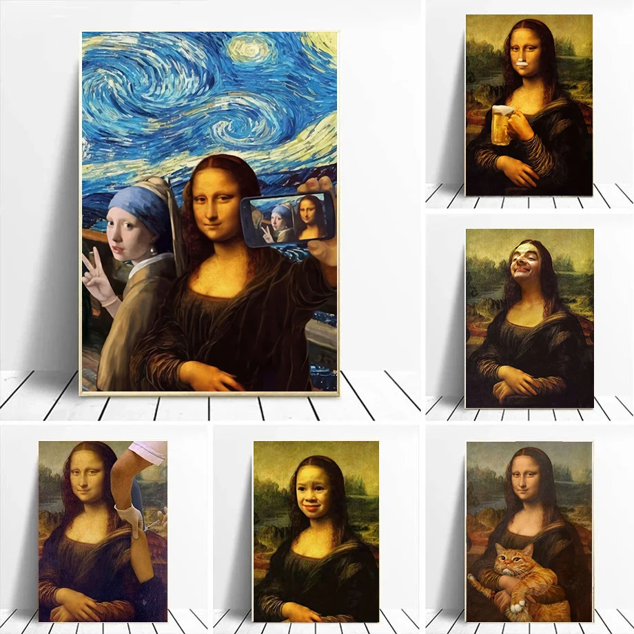 

Canvas Art Funny Mona Lisa Art Painting Vinatge Mural Poster Living Room Home Decoration Cuadros