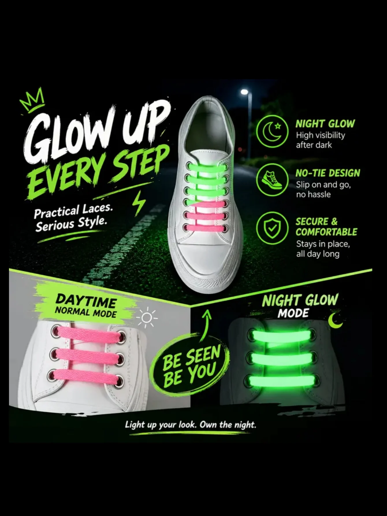 16 Luminous No-Tie Shoelaces, Reflective Shoelaces, Glow-In-The-Dark Shoelaces, Fashionable Elastic Shoelaces That Are Easy to Clean and Resistant to Dirt, Suitable for Sneakers, Casual Shoes, and Sports Shoes, Easy to Put on and Take Off Without Tying, Unisex Colorful Shoelaces