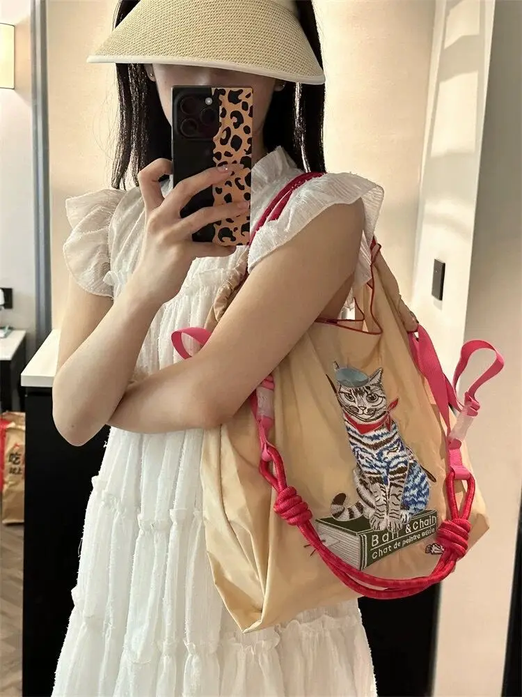 Brands Rope Handle Tote Designer Embroidery Nylon Women\'s Handbags Hawaiian Cake Shoulder Bags for Women 2023 Large Eco Bag Chic