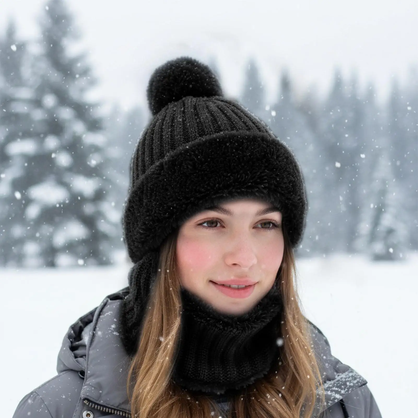 

Knit Beanie Windproof Beanie with Neck Gaiter Fleece Lining Knit Warm Hat with Ear Flaps for Cold Weather Autumn Hiking Travel