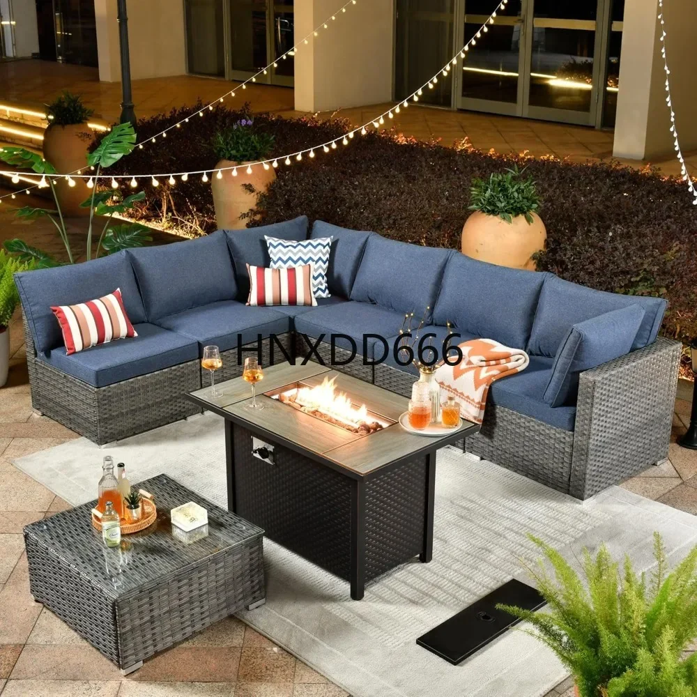 Outdoor 8 Piece Patio Furniture Set with Fire Pit Table, Conversation Sectional Wicker Couch with Coffee Table