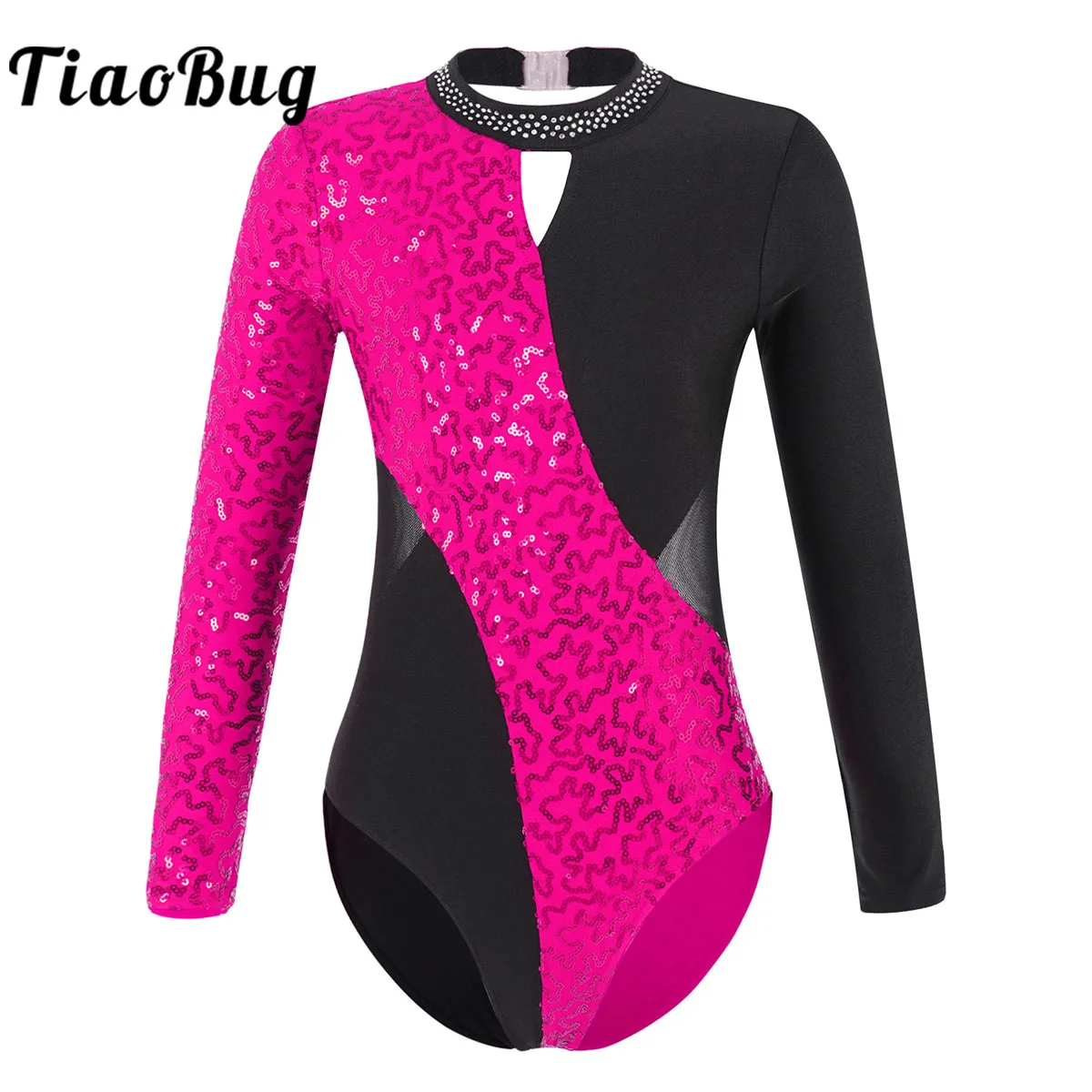 Payetler jimnastik Leotard çocuklar kızlar için uzun kollu bale dans Leotard rekabet buz pateni Bodysuit tulum oymak