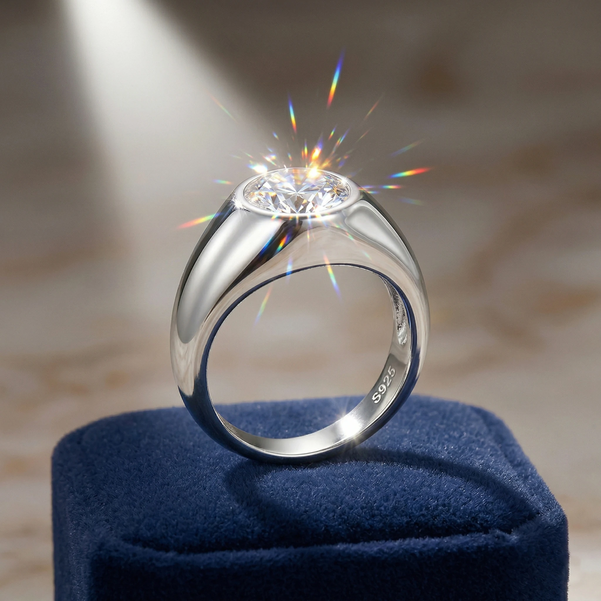 Luxury 3ct Round Moissanite Men's Ring, D Color VVS1, Signet Band, 925 Silver, Wedding Gift, Pass Diamond Tester,Luxury Sparkling Anniversary Fine Jewelry Gifts for Wife Women Girls Friends
