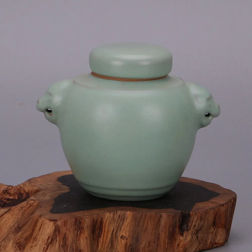 Chinese Ru Kiln Celadon Double Ear Lion Lid Jar Reproduction Home Decor Collectible Tabletop Ornament
