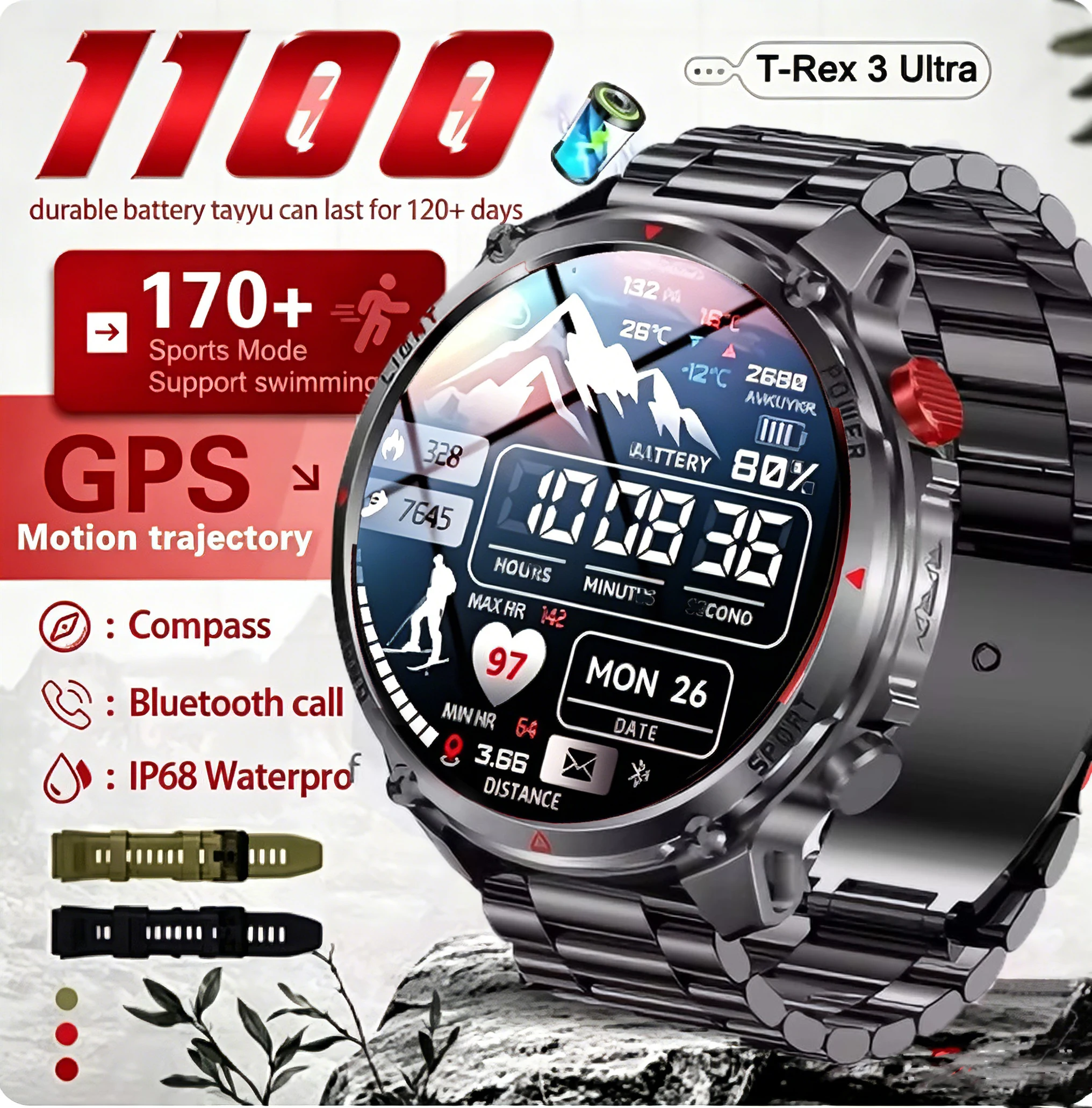 

2026 New T-Rex3 Ultra 1100mAh Battery Smart Watch GPS path 5ATM Waterproof Sport Run Hiking Outdoors Compass Military Smartwatch