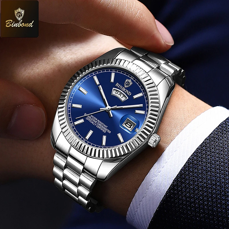 Reloj de cuarzo BINBOND para hombre, marca deportiva, acero inoxidable resistente al agua, fecha y día, pulsera 6