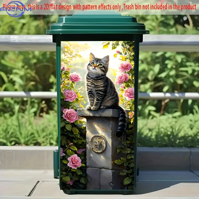 Autocollants de chat tigré ornés de roses roses pour poubelles autocollantes, non liés à aucune décoration de festival. Ces décorations en PVC