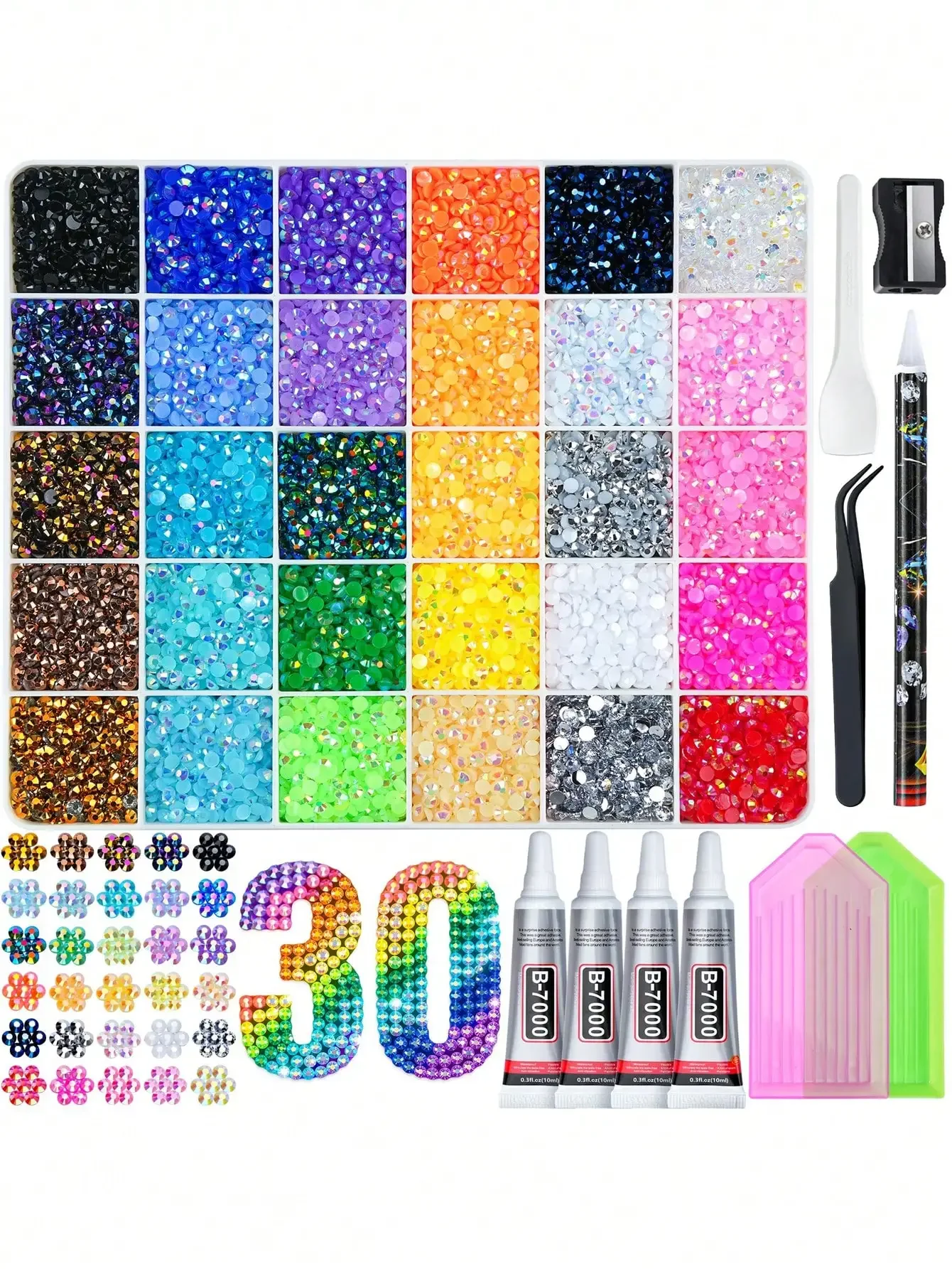 

40,000pcs Resin Crystal Diamond Set, 30 Colors 3mm Flat Crystal Diamonds, Includes 4pcs B7000 Jewelry Glue And Tools, All-In-One Sparkling Diamond Set For DIY Crafts And Gifts
