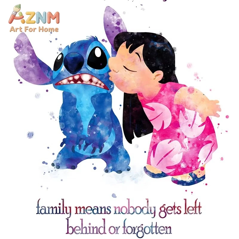 AZNM Lilo & Stitch - Impresión en lienzo sin marco con diseño de acuarela, cita familiar, arte de pared, decoración de dibujos animados con la frase "La familia significa que nadie se queda atrás"