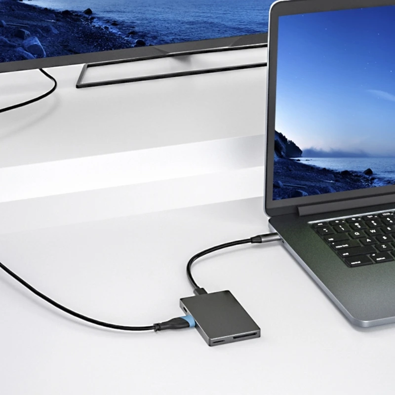 6Port USB C Adapter HUB 4K60hz Video Transfer USB 3.0x2 Data Port Support Card Reader Enhances Connection Fast Charging