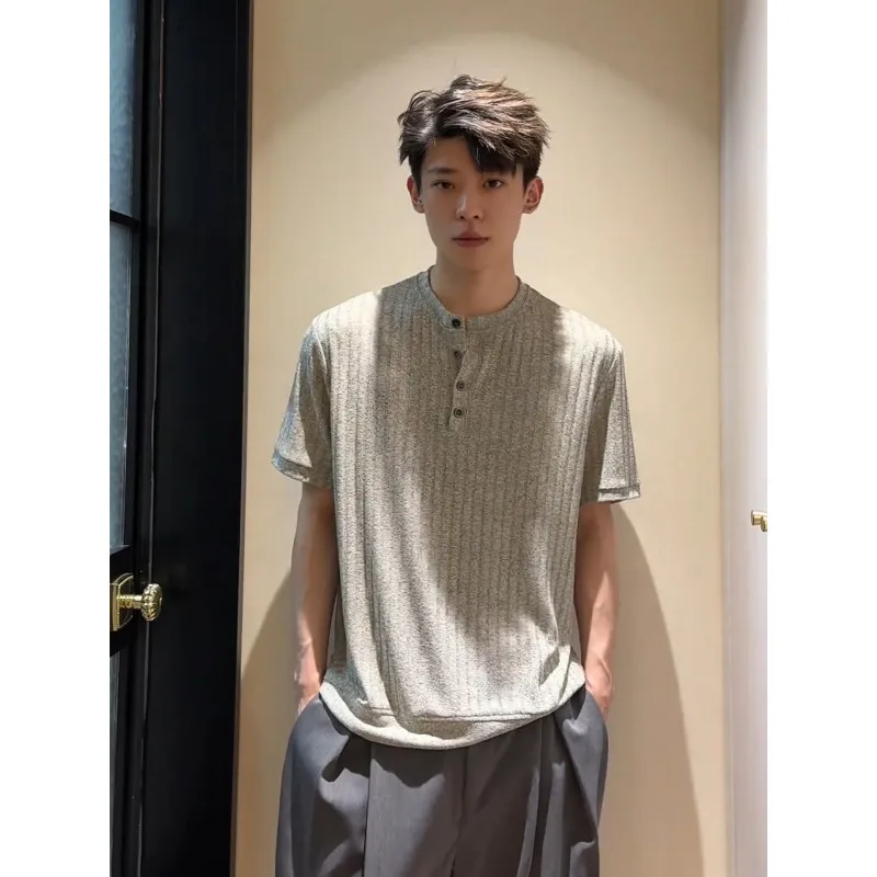 Summer Linen Texture Henley Neck T-Shirt Men's Relaxed Fit Short Sleeve Polo Shirt American Casual Top