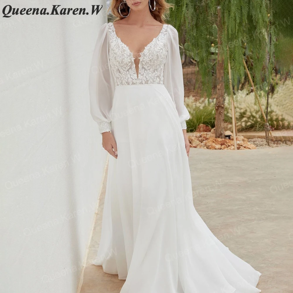 Robe de mariée à manches longues avec appliques en dentelle, élégante robe de mariée A Line Boho, robe de patients de mariage