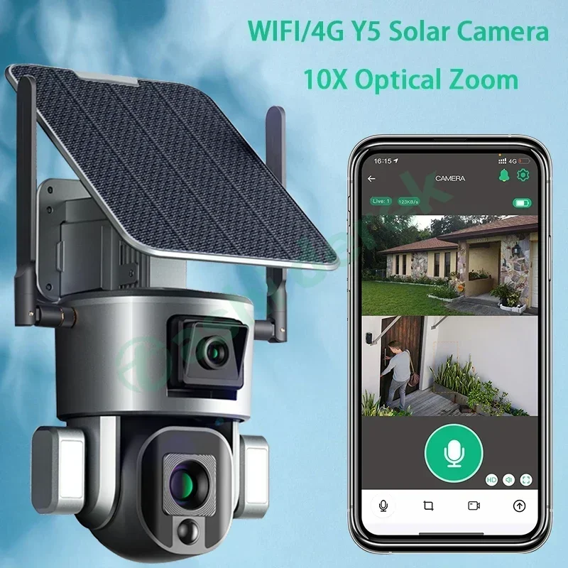 4G/WIFI Wireless Solar Camera Dual Lens 10X Optical Zoom with 5W Solar Panel Home Security Surveillance Y5 Camera Dual Scrceen