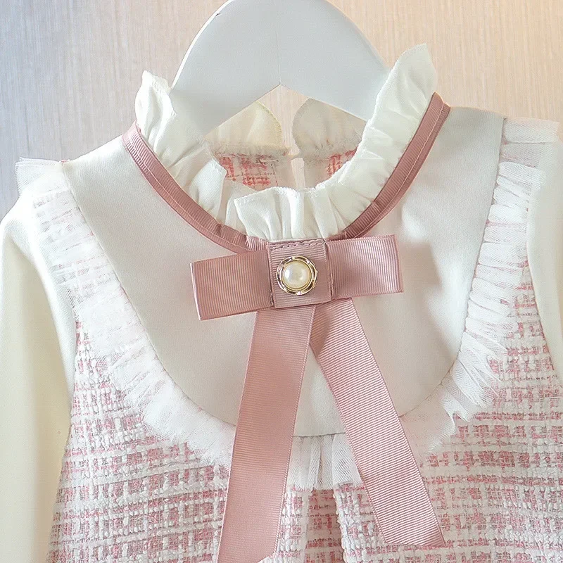 New In Spring Toddler Girl Dresses Korean Fashion Cute Bow Mesh Plaid Long Sleeve Princess Kids Dress Baby Clothes Outfit