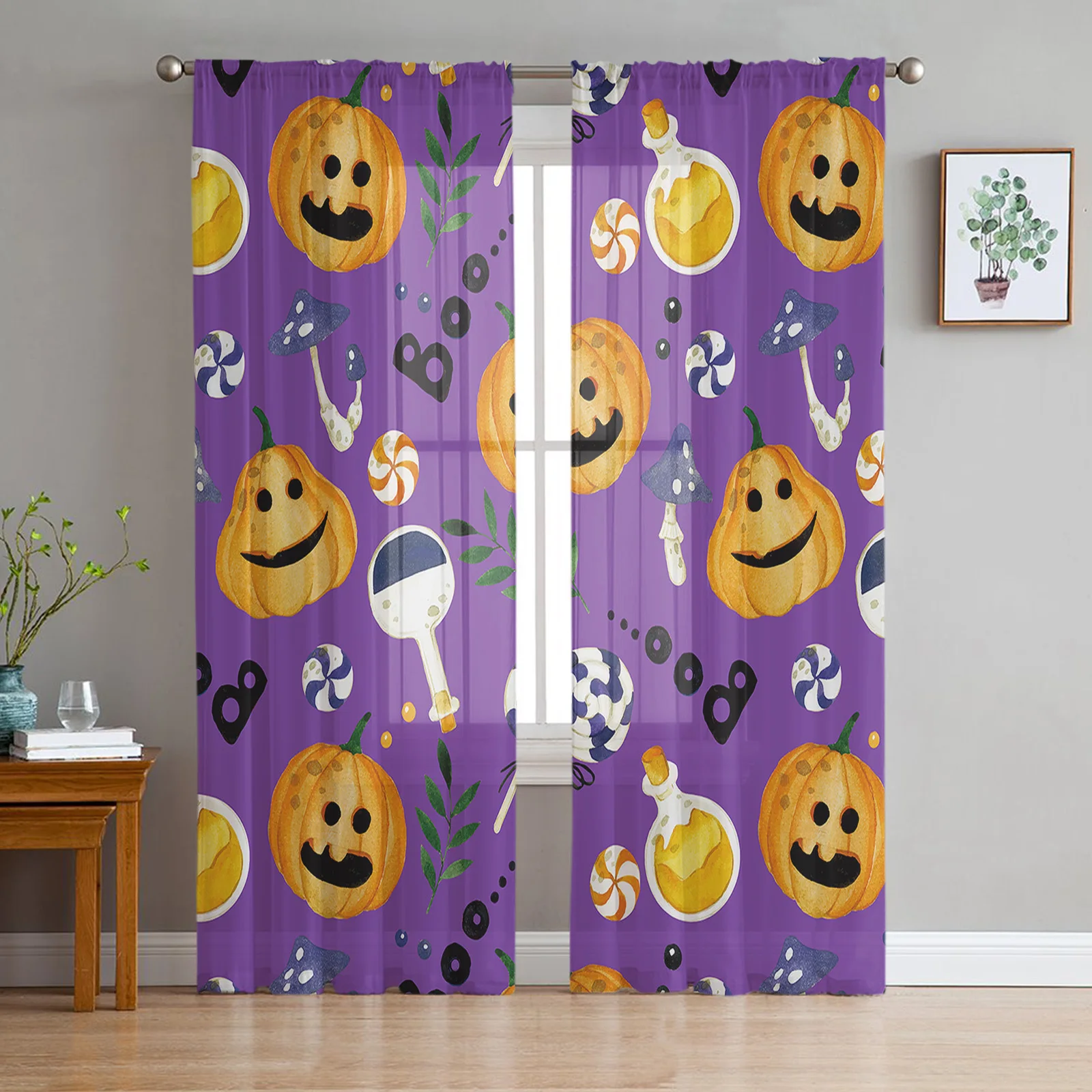 

Halloween Pumpkin Purple Voile Curtains for Living Room Printed Bedroom Home Decor Coffee Hotel Sheer Drapes Window Treatment