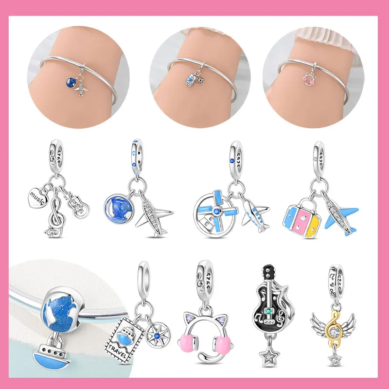 

Travel Series Original Guitar musical instrument Charm 925 Silver Plane World Paris Beads Fit Bracelet Jewelry Making Woman Gift