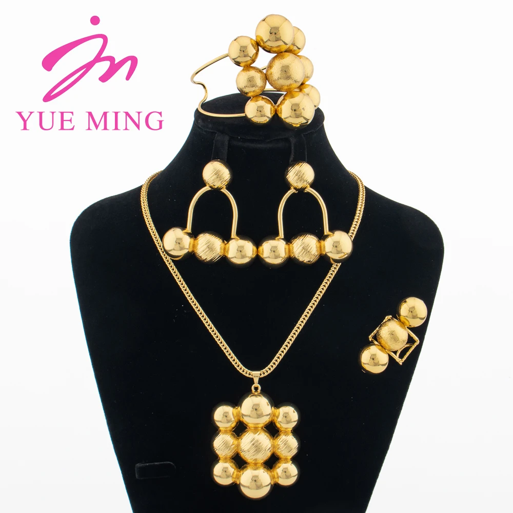 Round Beads Jewelry Sets for Women Gold Color Copper Necklace Vintage Earrings Charm Cuff Bangles Adjustable Ring Birthday Gifts