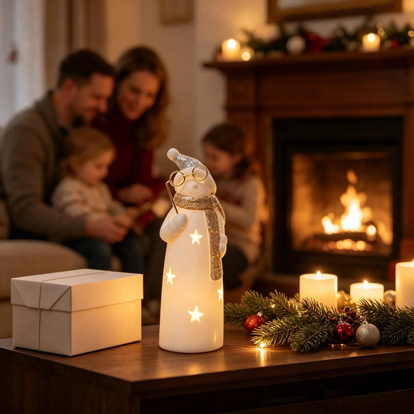 White ceramic Christmas village cabin ornament LED Warm Ceramic Snowman Table Centerpiece Lighted Christmas Decorations