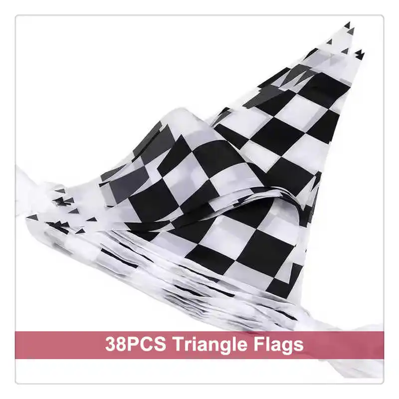 38PCS Triangle Checkered Flag Auto Race Car Sport 14x21cm Black White Chequered Hang String Bunting