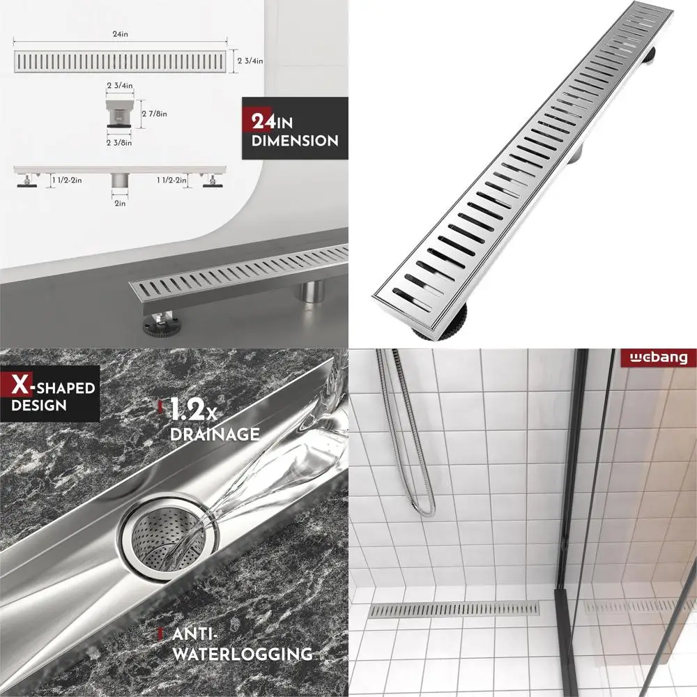 

24 Rectangular Linear Shower Drain with Capsule Pattern Cover, Removable Grate, SUS304 Stainless Steel, CUPC Certified, Brushed