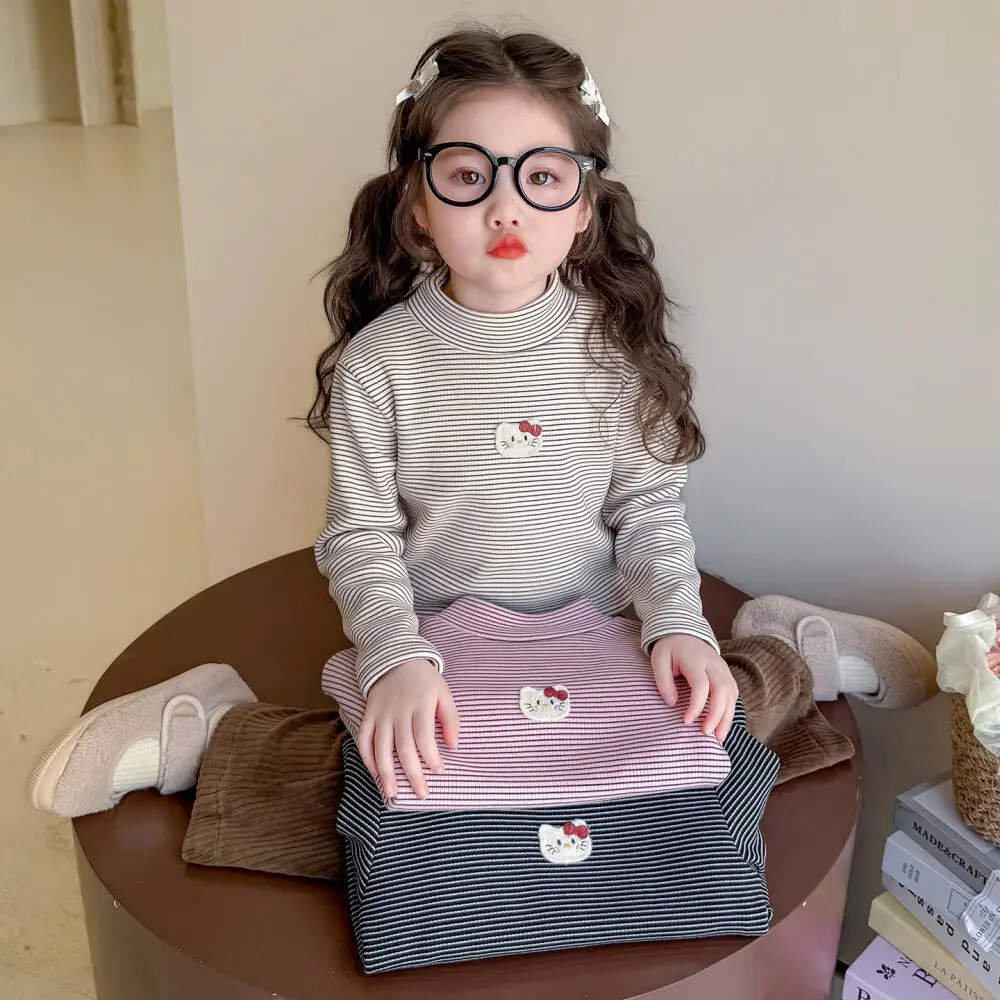 Толстовка Sanrio Hello Kitty для девочек, осенне-зимняя детская футболка с героями мультфильмов, повседневная бархатная нижняя рубашка с длинными рукавами, одежда