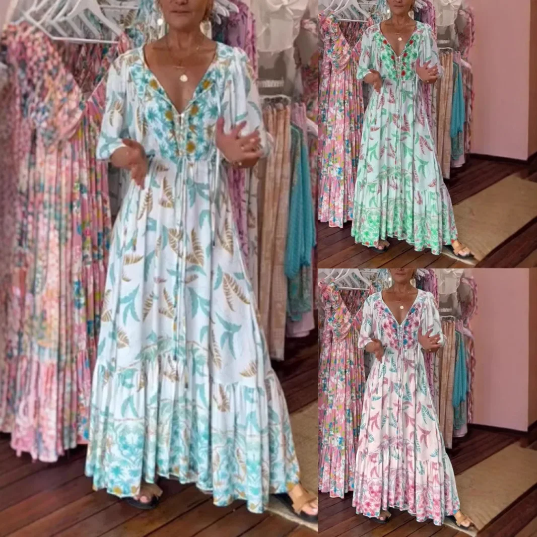 Elegancka plisowana sukienka z nadrukiem z dekoltem V dla kobiet Casual Holiday Long Lady Outfit 2025 Spring Summer A-Line Boho Maxi Dresses Vestido
